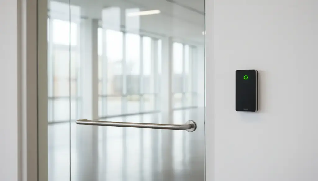 A card reader with a green light beside a glass office door