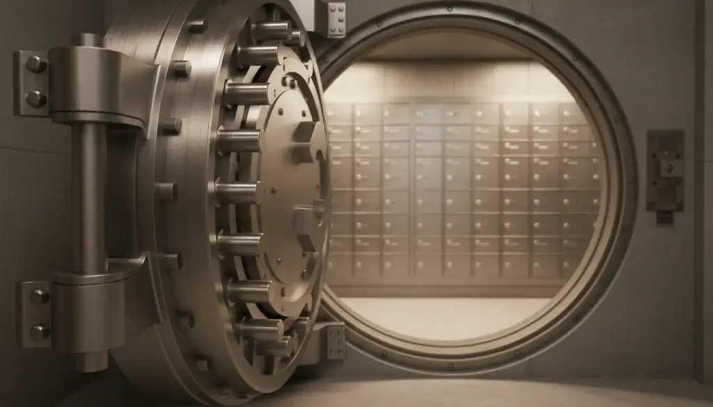 An open round bank vault door with safety deposit boxes inside