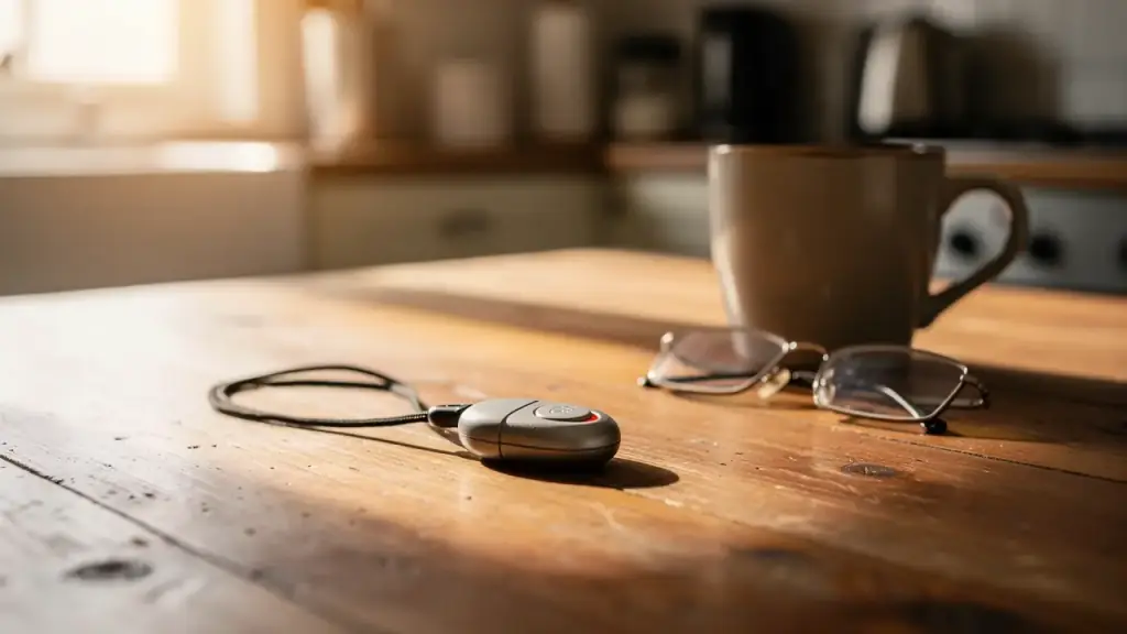 A personal emergency pendant on a kitchen table beside a coffee mug and reading glasses