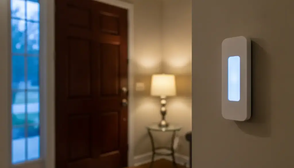An alarm keypad beside the front door of a home at dusk