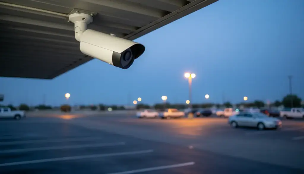A white security camera under the eave of a commercial building, looking over a parking lot